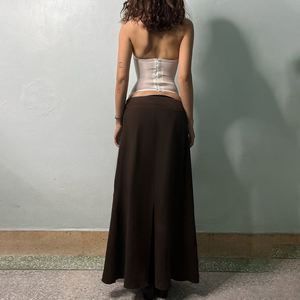 Jupe longue droite marron style rétro pour femme, avec détail de nœud perlé, coupe ajustée, fente latérale, tenue décontractée chic - Product Image 6