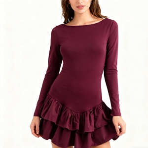 Robes décontractées pour femmes, nouvelle collection, coupe ajustée, manches longues, col rond, ourlet à volants, tendance - Product Image 1