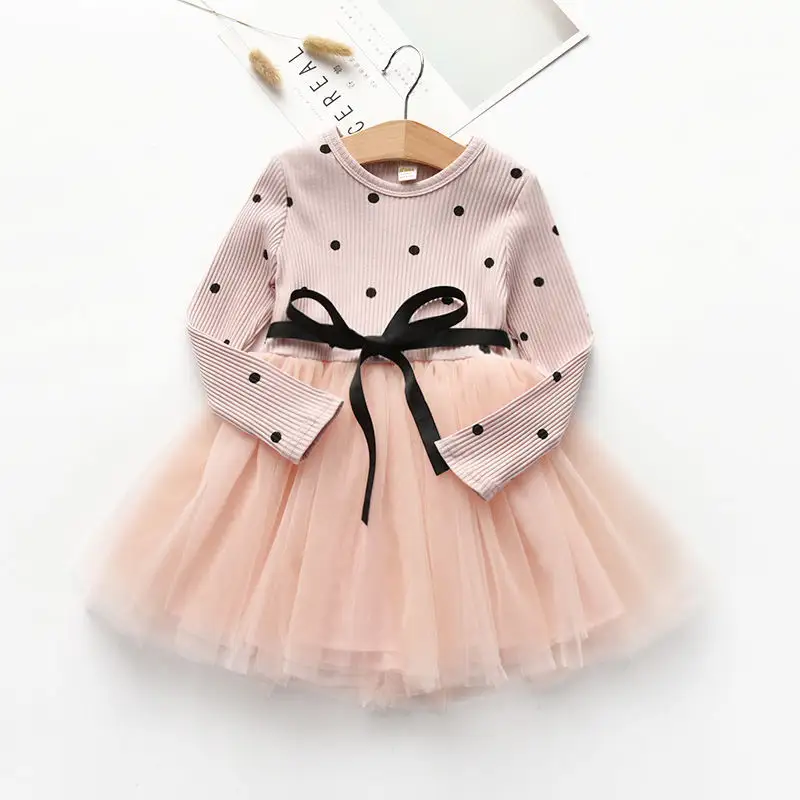 Gaun Putri Lengan Panjang Kasa Polka Dot Gaya Korea Musim Semi Musim Gugur untuk Anak-anak