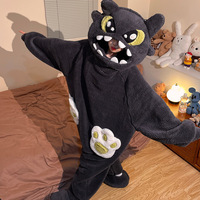 Korallen-Polyester-Fleece Gepolsterter Verdickter Ganzkörper-Pyjama ohne Kragen für Damen Herbst Winter Cartoon Lustige Katze Hausanzug