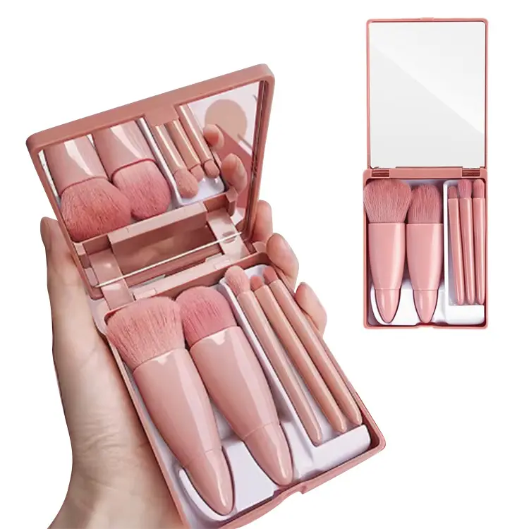 Hot Sales Stock Easy-Taken Travel Makeup Brush Set 5Pcs Mini Complete Function Cosmetic Beauty Brushes Kit With Mirror