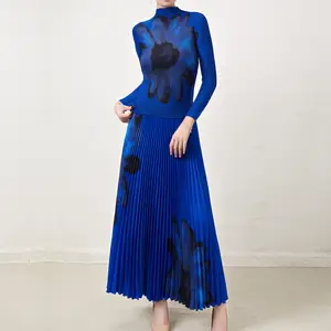 High Quality Miyake Pleated Printed Elastic Stretch Top And Long Pleated Skirt Free Size Skirt And Blouse Sets