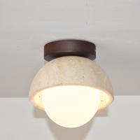 Plafonnier LED style Wabi-Sabi en bois et pierre avec abat-jour en forme de dôme |   Lampe de plafond minimaliste nordique