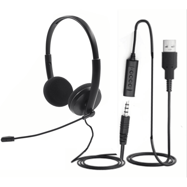 Office Headset with Microphone / USB DC 3.5mm Plugs / Volume Control / Mute Function / QD Cord