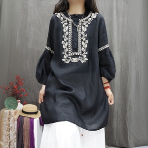 Retro Ramie Embroidery Top Women Loose Mid Length Casual Shirt Dress Breathable Everyday Wear - Product Image 3