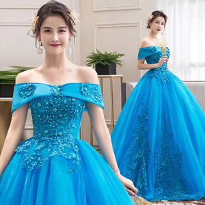 Blue Tulle Off Shoulder Stage Performance Dress Women Lake Blue Long Gown Art Exam Evening Wear Puff Skirt - Product Image 2