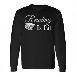T-shirt a maniche lunghe Reading Is Lit, girocollo unisex, stampa digitale per gli amanti dei libri, insegnanti - Product Image 3
