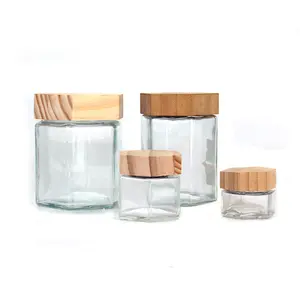 Hot sale clear 70ml 180ml 280ml 380ml empty food hexagon glass honey jar jam spice glass storage canister with wooden lid