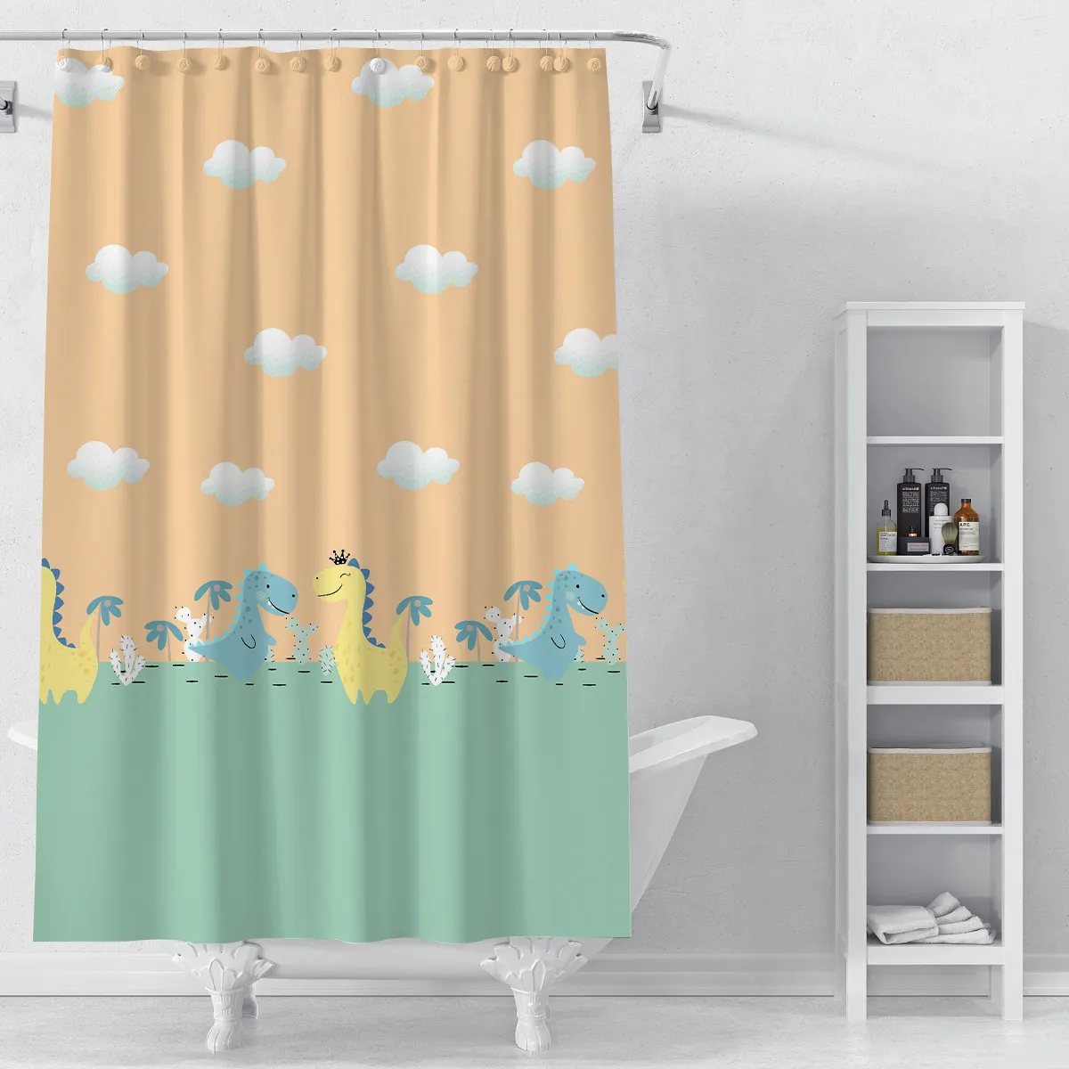 Yellow background cute little dinosaur print shower curtain waterproof shower curtain