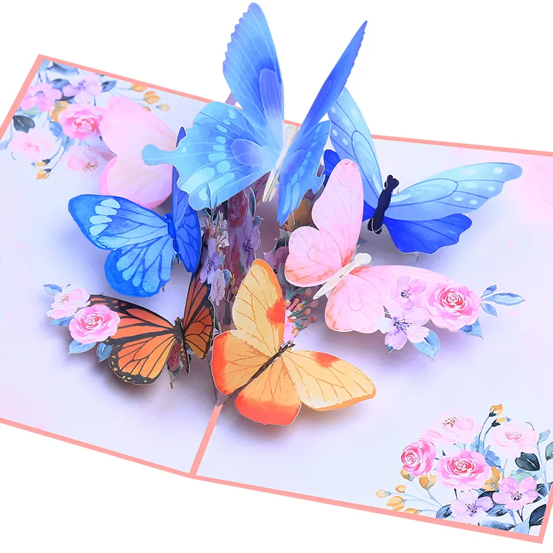 Cesta de flores de papel con mariposa, tarjeta de felicitación de cumpleaños 3D emergente para el día de la madre, San Valentín con sobre, novedad