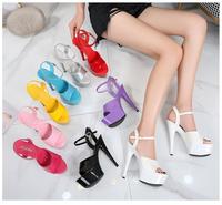 Sandales à talons hauts de 15 cm pour femme, avec bride de cheville, bout ouvert, plateforme, talon épais, couleur rouge, pour la pole dance, idéales pour l'été