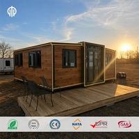 Maison conteneur extensible à double aile, finition bois, préfabriquée modulaire avec éclairage LED pour complexe forestier, ADU, bureau de jardin