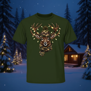 Camiseta navideña con estampado de camuflaje, renos y ciervos, con luces navideñas - Product Image 3