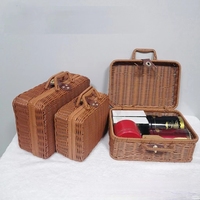 Boîte de rangement rectangulaire vintage portable personnalisée en rotin tressé à la main, panier de pique-nique, valise en plastique en rotin avec couvercle, cadeau de mariage