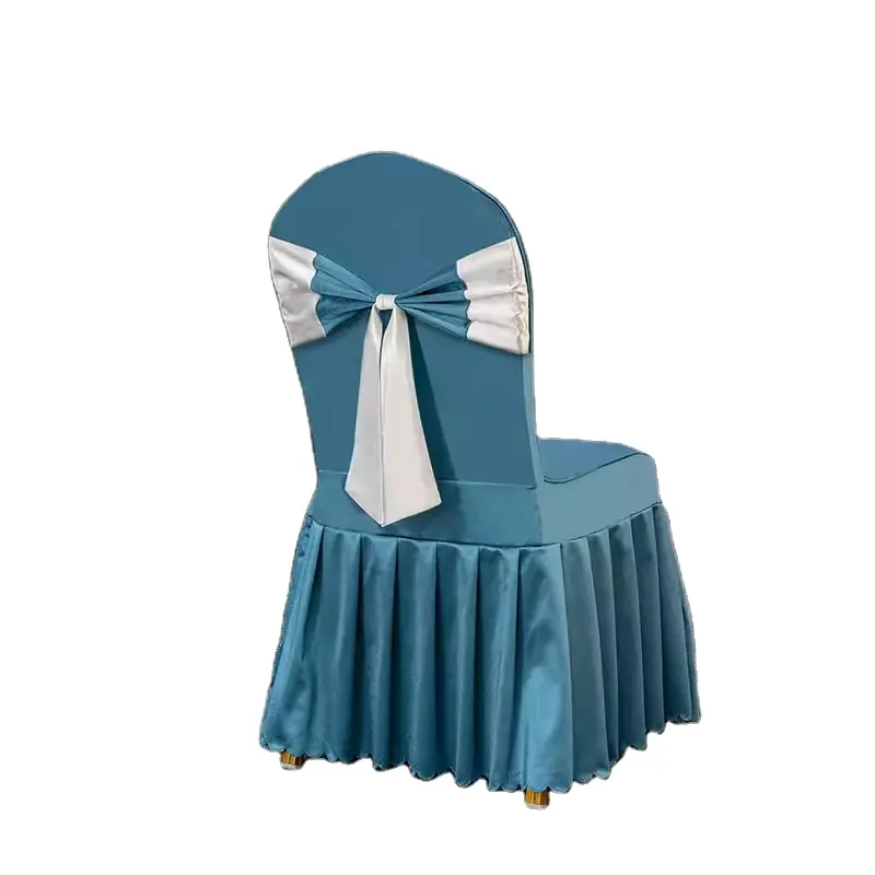 Wholesale spandex ruffled skirt elastic chair cover for wedding party decorations Lake blue + gold ribbon