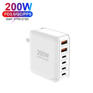 Adaptor daya USB-C 200W GaN, 6 port PD 3.0 pengisi daya Tipe C 100W Adaptor perjalanan pengisian cepat untuk MacBook Xiaomi laptop Tablet