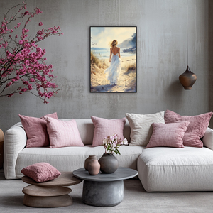 Stampa d'Arte Moderna con Stampa Digitale ad Acquerello <span class=keywords><strong>di</strong></span> Ritratto <span class=keywords><strong>di</strong></span> Donna in Abito Bianco che Cammina verso il Mare al Tramonto con Cornice 40x50cm - Product Image 3