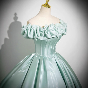 Off-the-Shoulder Satin Ball Gown Light Green Empire Waist Ruffles For Evening Events Adult Ceremonies Hosting Performances - Product Image 2