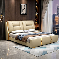 Lit plateforme moderne de luxe JUNYUHAO avec éclairage LED intégré, revêtement en cuir, mousse haute densité, cadre en pin, tailles Queen/King pour chambre à coucher