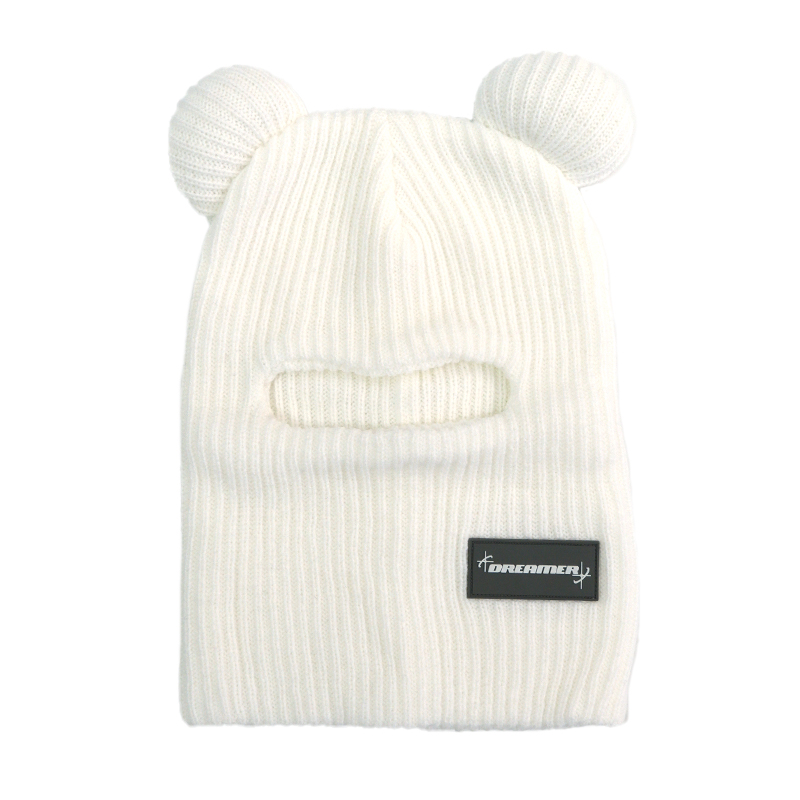 Customized Ivory White Full Face Cover Knitted Ski Mask With Ears One Hole 3D Rubber Patch Ski Mask No Mouth