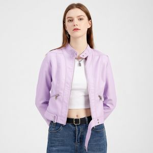 Chaqueta de cuero genuino para mujer, color lavanda púrpura, con cuello alto y cremallera completa |   Chaqueta Impermeable y Ecológica de Moda Urbana para Mujer - Product Image 1