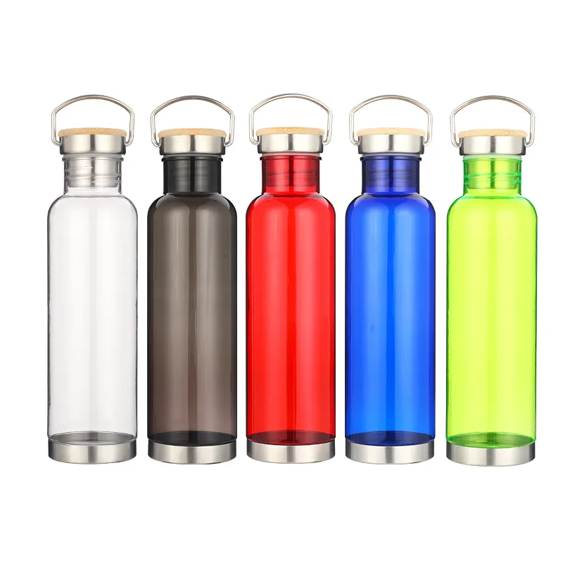 Özel Logo 800ml BPA ücretsiz plastik spor su şişesi tek duvar plastik bambu kapaklı doğrudan içme tipi su şişesi