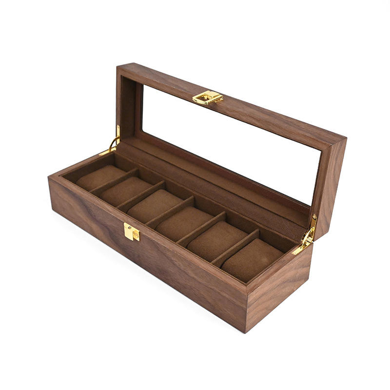 กล่องใส่นาฬิกาวอลนัทสีดำ6ช่อง/ด้านในสีน้ำตาล