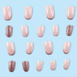 Faux ongles français étincelants à tête ronde courte, 24 pièces, avec colle pailletée, couverture complète, presse amande, avec vagues - Product Image 2