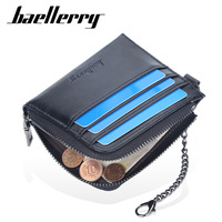 Baellerry dompet tempat kartu pria bisnis kecil ramping ritsleting kulit PU dompet koin dengan gesper logam