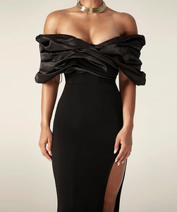 Robe élégante noire en satin pour femme, moulante, mi-longue, dos nu, épaules dénudées, à volants, pour soirée formelle, cocktail, été - Product Image 4