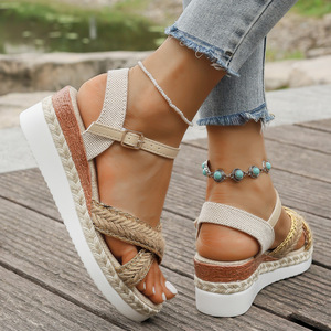 Women Cross Strap Thick Sole European and American Style Wedge Sandals Summer New Hemp Rope Large Sandals - Product Image 4