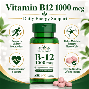 Complément alimentaire de vitamine B12 1000 mcg en comprimés, nutrition quotidienne, végétalien, en vrac, marque privée, énergie, 1000 mcg, fabriqué en usine OEM - Product Image 2