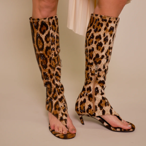 Fashionable Open-Toe Knee-High Ankle <b>Boots</b> Kitten-Heel Leopard-Print Satin with Rhinestones for Summer and Spring - Product Image 1