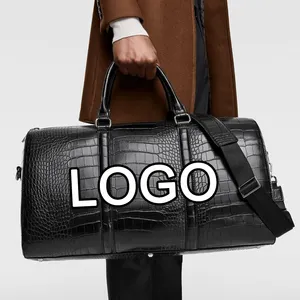 custom logo black crocodile pu leather big travel bag outdoor weekender duffle luggage bag for man