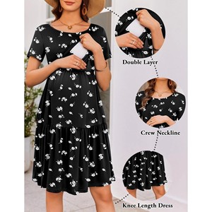 Abito da Allattamento Estivo a Maniche Corte, <span class=keywords><strong>Vestito</strong></span> <span class=keywords><strong>Premaman</strong></span> Casual Mini, <span class=keywords><strong>Nero</strong></span> Floreale in Morbido Cotone Elasticizzato con Scollo a V e Linea ad A - Product Image 3