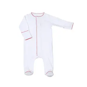 Long sleeve baby party rompers Newborn Coming Home outfit white with red trim Footed Romper