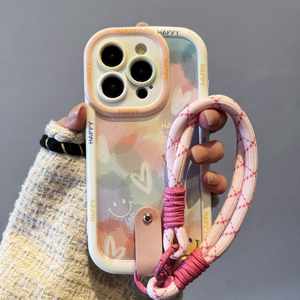 Funda con Correa de Muñeca para iPhone 16 15 14 13 11 12 Pro Max, Colorida, con Diseño de Arcoíris, Corazón, Cara Feliz, Funda Protectora de TPU Suave - Product Image 1