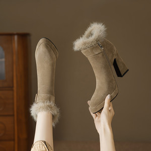 Bottines en <span class=keywords><strong>daim</strong></span> <span class=keywords><strong>taupe</strong></span> pour femmes, avec garniture en fourrure, sangle à boucle, talon bloc, plateforme, bottes habillées d'hiver - Product Image 3