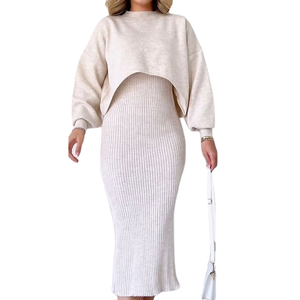 2240新款时尚女装秋冬两件套加厚保暖针织套头毛衣高腰连衣裙休闲女装套装 - Product Image 3