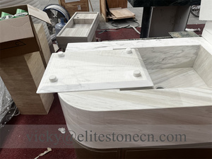 Comptoir de réception en marbre arrondi sur mesure avec double évier intégré, comptoir de hall d'hôtel commercial avec base en <span class=keywords><strong>bois</strong></span> - Product Image 3