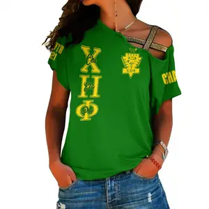 Groothandel Custom Chi Eta Phi One Studentenvereniging Nieuwste Mode Plus Size Groene Dames Off Shoulder T-Shirts Zomer T-Shirts