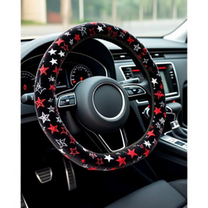 Housse de volant noire avec motif d'étoiles rouges pour une utilisation décorative intérieure de voiture - Product Image 3