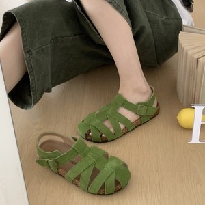 Flat <b>Sandals</b> <b>Women</b> Open Toe Strappy Buckle Design Faux Suede Summer Korean Style Breathable Rubber Outsole - Product Image 2