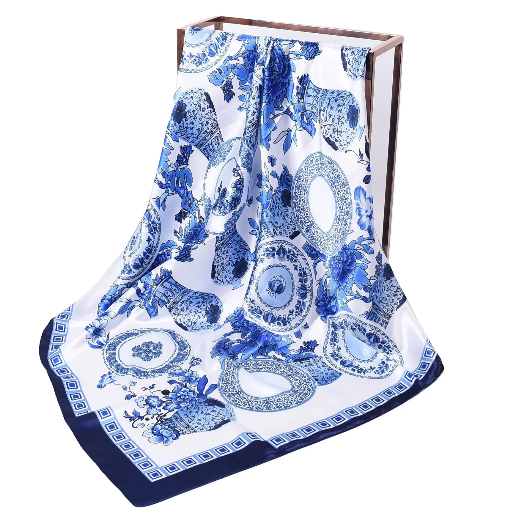 Made in china Elegant classic blue and white porcelain print silk satin Wear and Matching hijab Decoration 90*90cm Square scarf