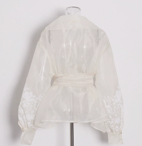 Mousseline de soie Style rétro à lacets taille Blouses pour femmes fleur motif bulle manches broderie tempérament chemises - Product Image 2