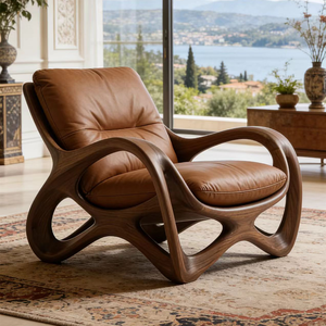 Poltrona in Legno Curvato con Rivestimento in Pelle Marrone, Sedia Lounge per Arredamento Casa - Product Image 1