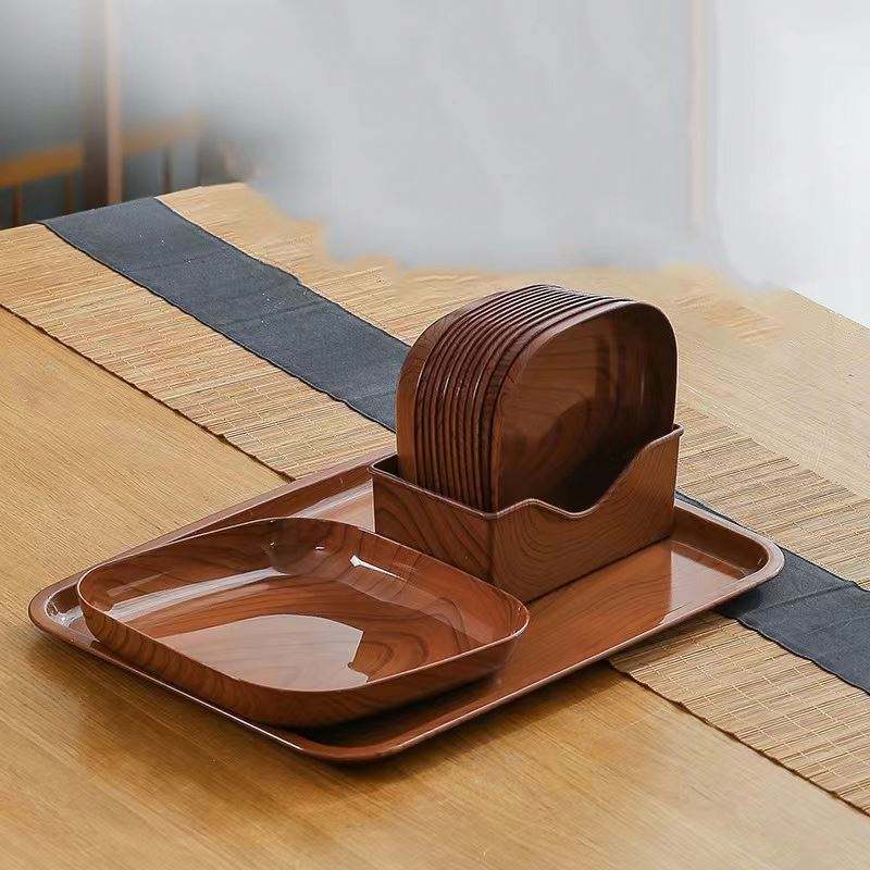 13pcs Kitchen Wood Grain Plastic Square Plate Japanese Simple Wood