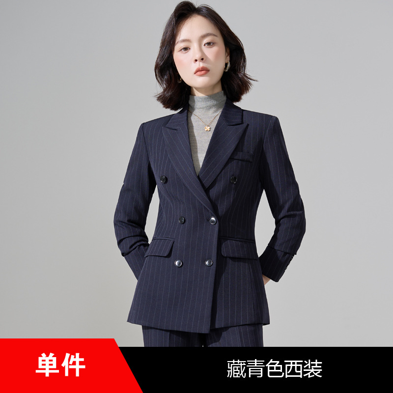 Navy blue and pink striped suit