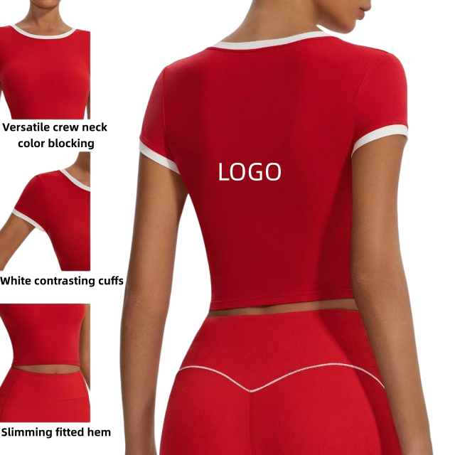 Designer Customizes AL Women' Summer Short Contrasting Round Neck Yoga Sports Top with Breathable Slim Fit Short Sleeved T-shirt