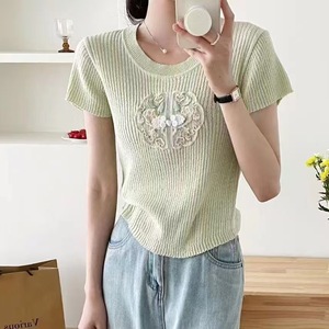 Ropa de alta calidad, suéter ajustado de manga corta bordado para mujer, cuello redondo, tops bonitos de verano para mujer - Product Image 4